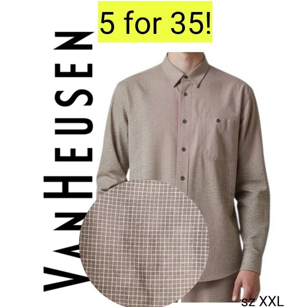 Van Heusen Neutral Brown Check Long Sleeve Collared Business Casual Shirt Sale